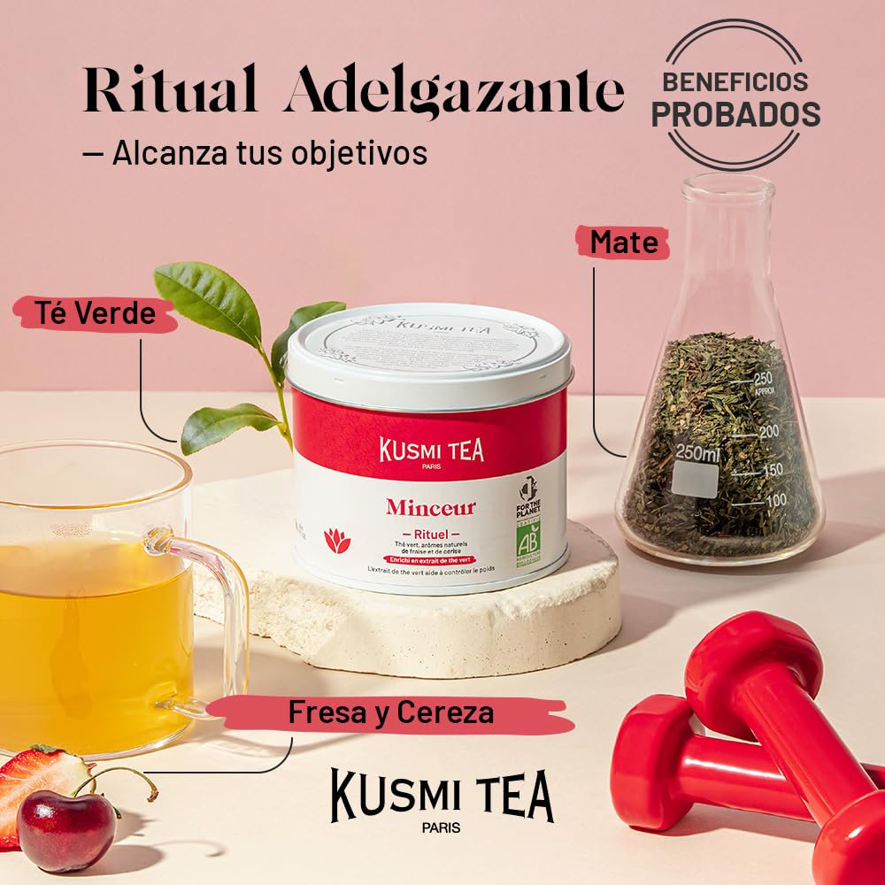 Kusmi Tea - Ritual Adelgazante - Té Orgánico - Té Adelgazante - Enriquecido con Extracto de Té Verde - Ayuda a Perder Peso - Fresa y Cereza - Lata de Té de 100g - Cantidad para aprox. 50 tazas