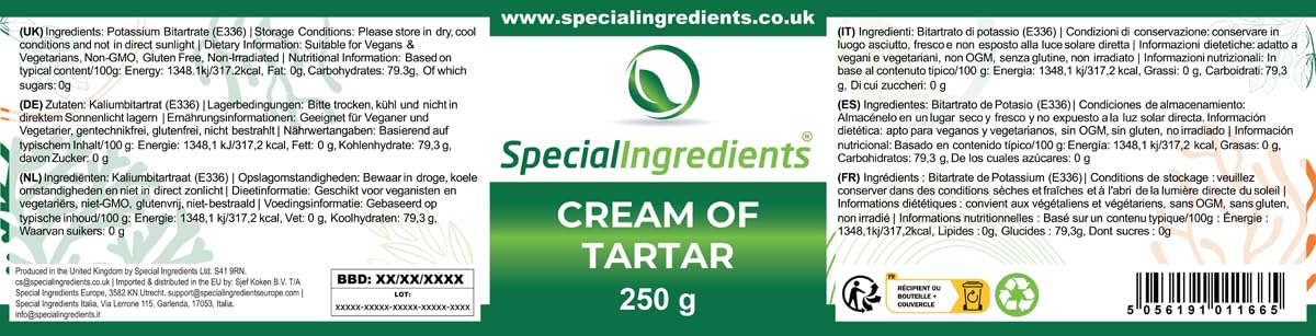 Special Ingredients Weinstein Backpulver (Kaliumtartrat) - Premium-Qualität, geeignet für Veganer, GVO-frei, glutenfrei (250 g)