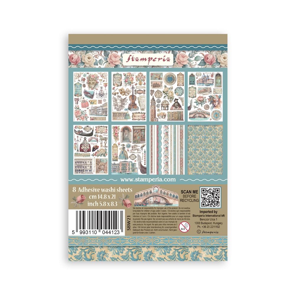 Stamperia - Washi Pad for Scrapbooking, Albums, Card Making, Bullet Journalling and More, Translucent and Easy to Cut, Acid Free, Perfect for Crafts and Gifting (Venice, City of Art) (A5) (8 Sheets)