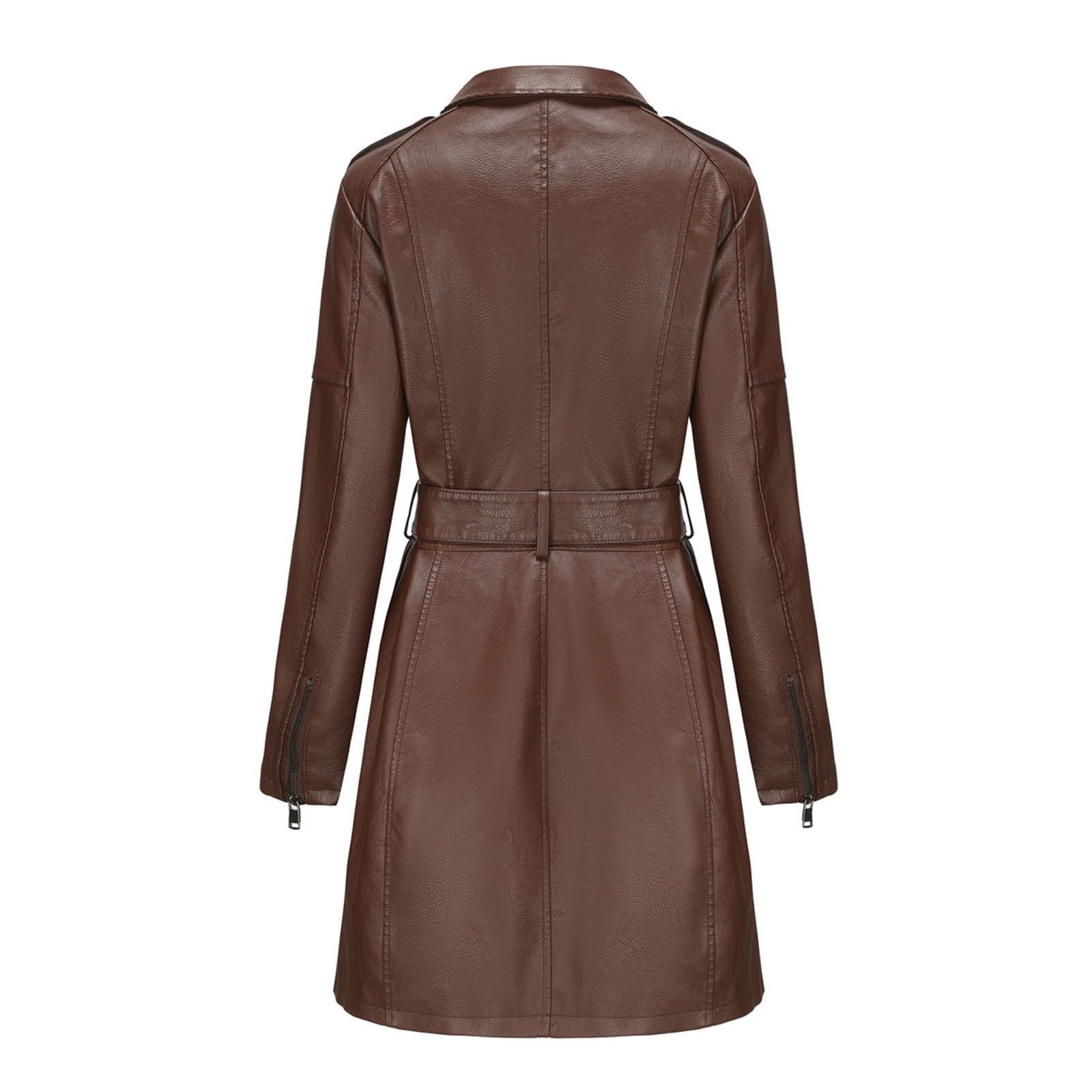Generisch Chaqueta de cuero para mujer de longitud media con cinturón, manga larga, chaqueta cortavientos británica, abrigo de cuero