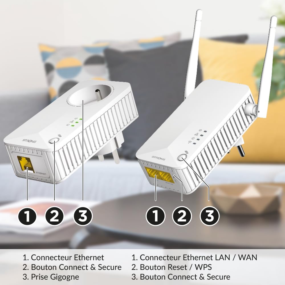 STRONG AV600 Adaptador Powerline Set con Enchufe, PLC HomePlug AV2, Plug & Play, Enchufe Integrado, Modo de Ahorro de Energía, Puertos LAN 100 Mbit/s, Internet por Red Electrica, Crema