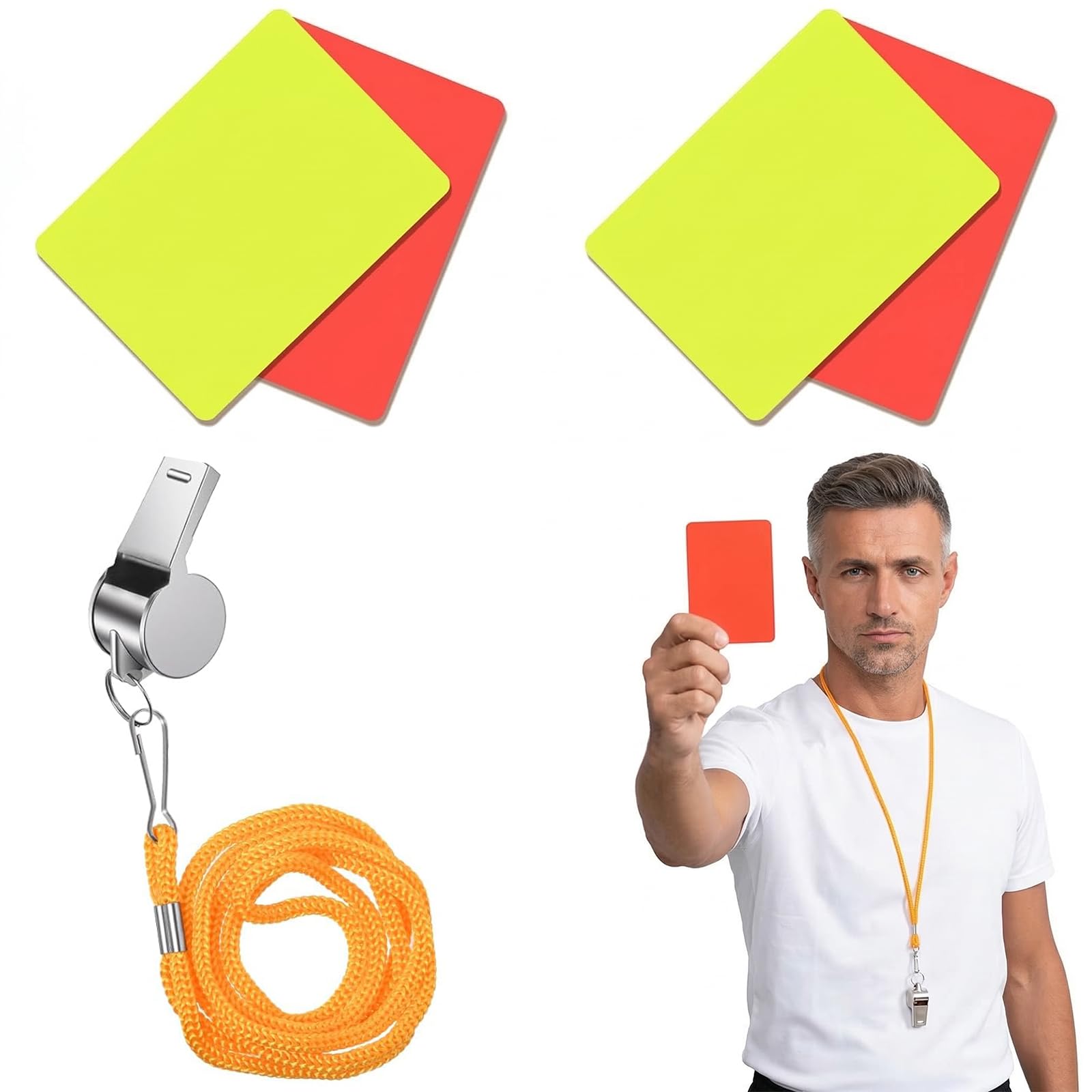 Kit de Árbitro de Fútbol con Tarjetas Roja/Amarilla y Silbato de Metal, Accesorios Árbitro para Deportes Escolares y Competiciones, Tarjetas con Cordón de Cuello