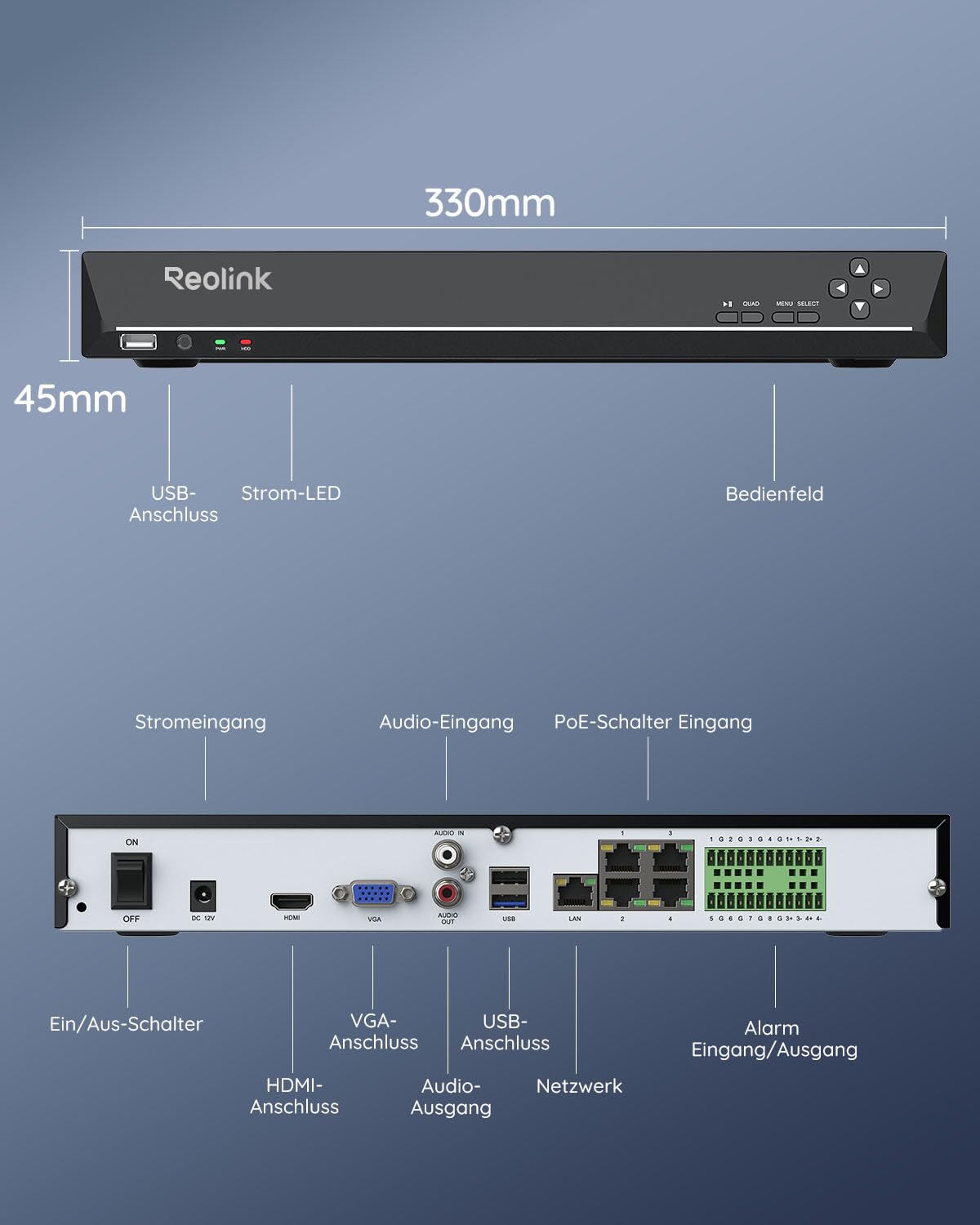 Reolink NVR 36 Kanal CCTV Überwachungskamera System mit 3 HDD Einschübe und O/I Alarmanlage, Ohne HDD und PoE-Anschluss, erfordert einen PoE-Switch. Unterstützt 16MP/12MP/4K/5MP HD IP Kamera, RLN36
