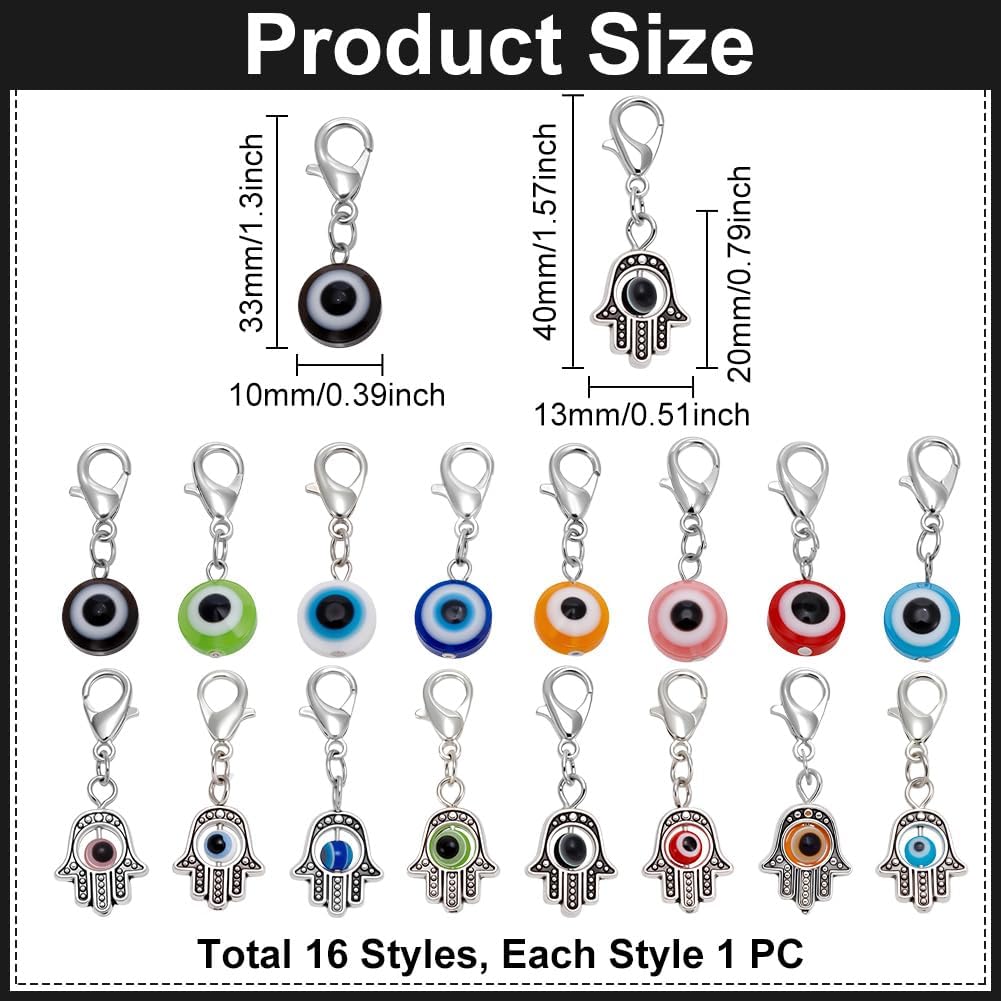 PLIGREAT 16 Pcs Evil Eye Pet Collar Pendants, Alloy Hamsa Hand Charms Evil Eye Beads Zipper Pull Charm with Lobster Clasp for Cat Dog Necklace Keychain Decoration DIY Jewelry Making - Image 2