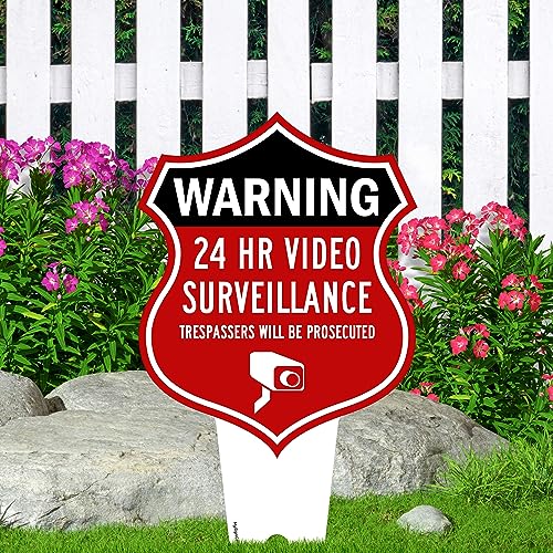 Image of Warning, 24 Hr Video Surveillance Sign, 9x17, Heavy Duty Integrated Ground Stakes, Indoor /Outdoor Use, Rust Free Aluminum Composite, Made in USA by My Sign center