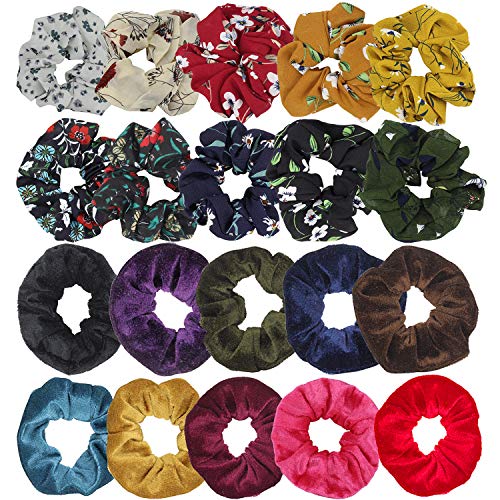 SelfTek 20Pack Hair Scrunchies Set 10Pcs Chiffon Hair Bobbles Scrunchy and 10Pcs Velvet Hair Ties Multi Color Elastic Hair Bands