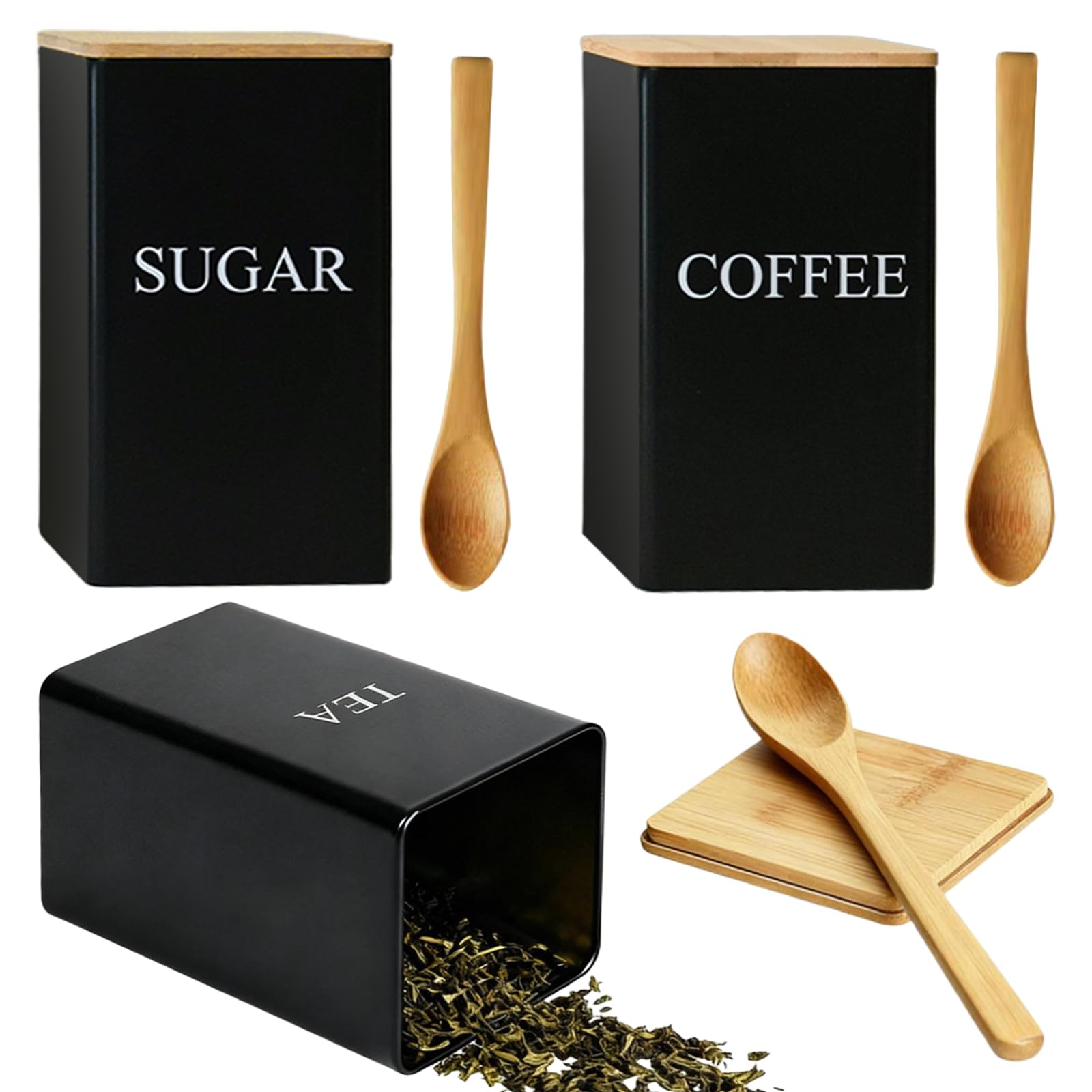 Chungg Black Tea Coffee Sugar Canisters Set, Metal Canister Storage Jar Airtight Bamboo Lid And Bamboo Spoon, Kitchen Counter Storage Sets, 1000 Ml 3 Pcs