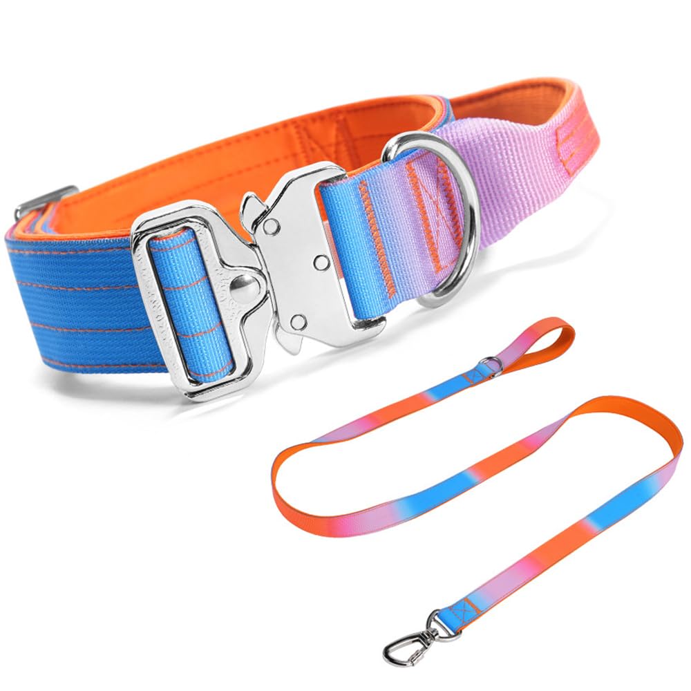 Olcyren Tactical Dog Collar and Lead Set, Adjustable Nylon Dog Collar with Heavy Duty Metal Buckle, Wide Thick Pet Collars with Handle for Medium Large Dogs Training (Orange Purple Blue Gradient, L)