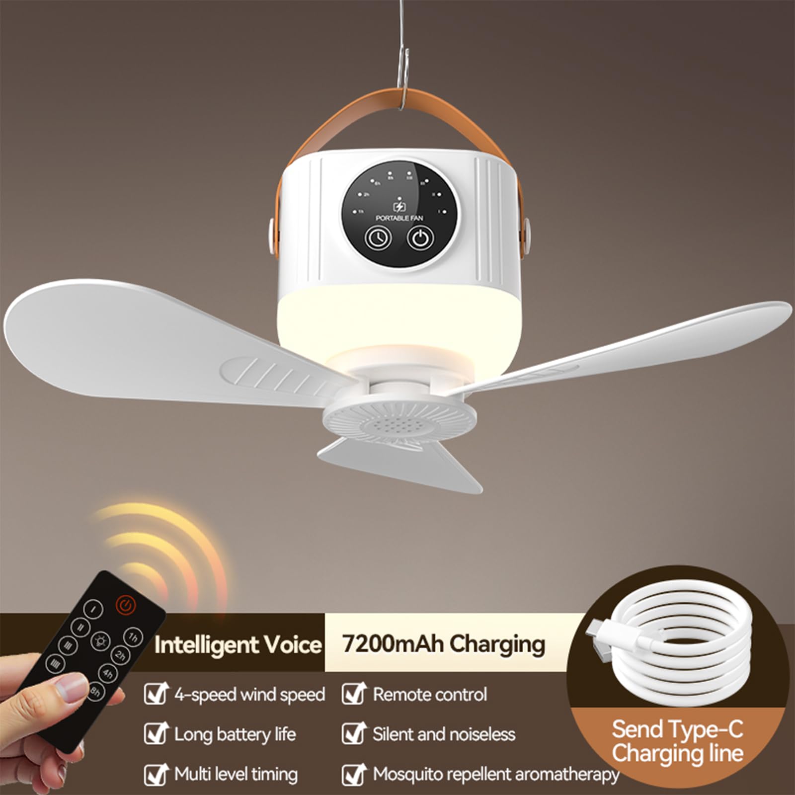 Ventilatore da tenda ricaricabile USB Ventilatore da soffitto USB Potenza remota Baldacchini a 4 velocità Appendi 7200mAh / 3600mah Luce ricaricabile