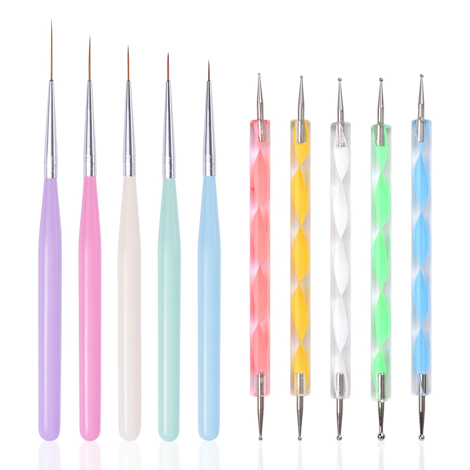 10Pcs Nail Art Brush Kit Double-end Dotting Pens Nail Fine Liner Brushes for UV Gel Polish Acrylic Nails 10 Sizes Dotting Drawing Pens Nail Art Design Tool