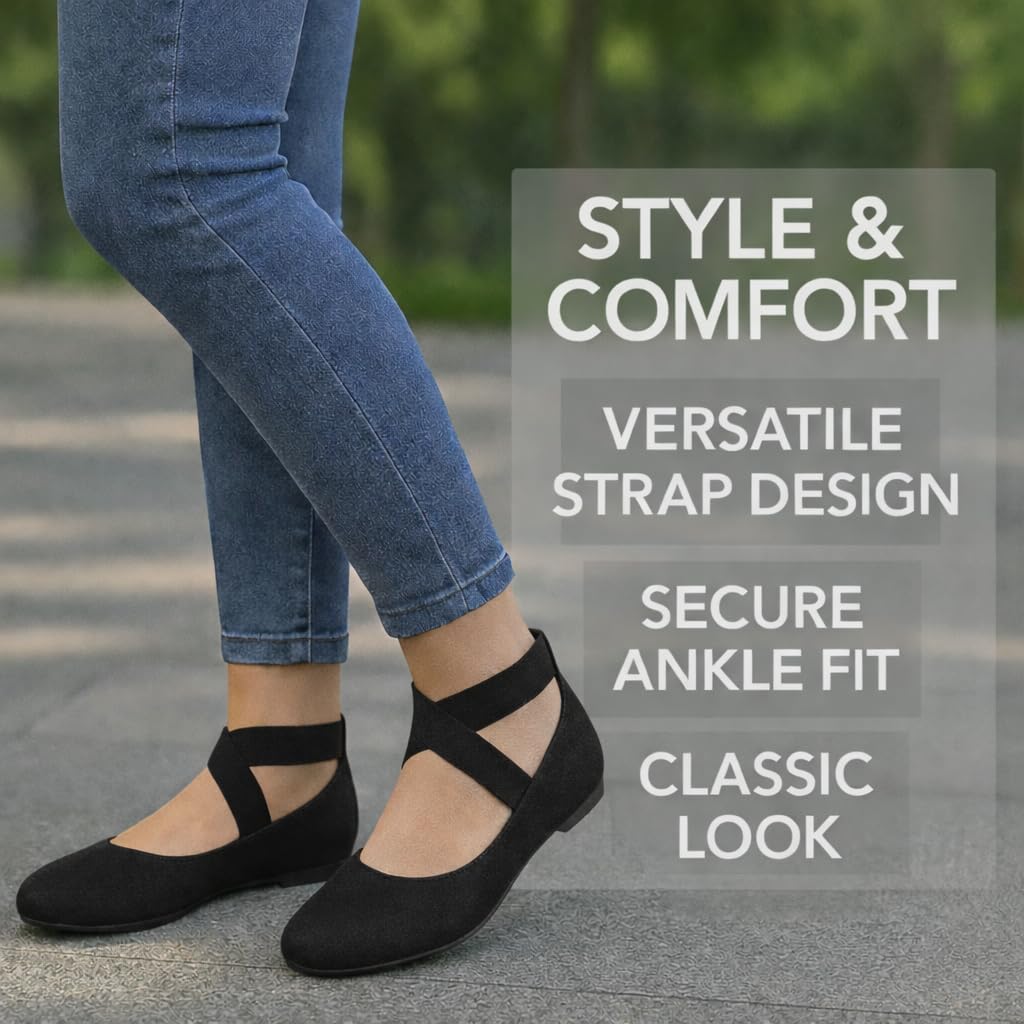 EMMA NEW YORK Ankle Strap Flats for Women, Women Flat Ballerina Shoes, Women's Ballet Flats with Strap (Su Black, 8)