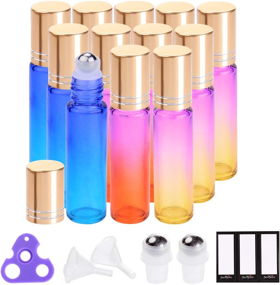 Essential Oil Roller Bottles 10 ml (Rainbow Glass, 12pack，24 Pieces
