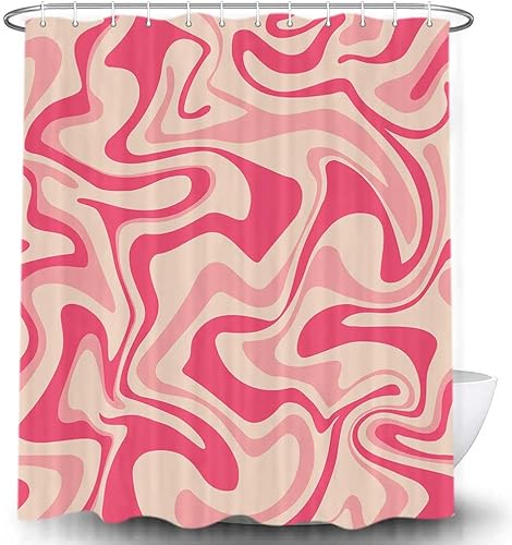 Cortina de ducha estética de los años 70, cortina de baño rosa vintage con diseño de remolinos ondulados abstractos para niñas, lindo retro,