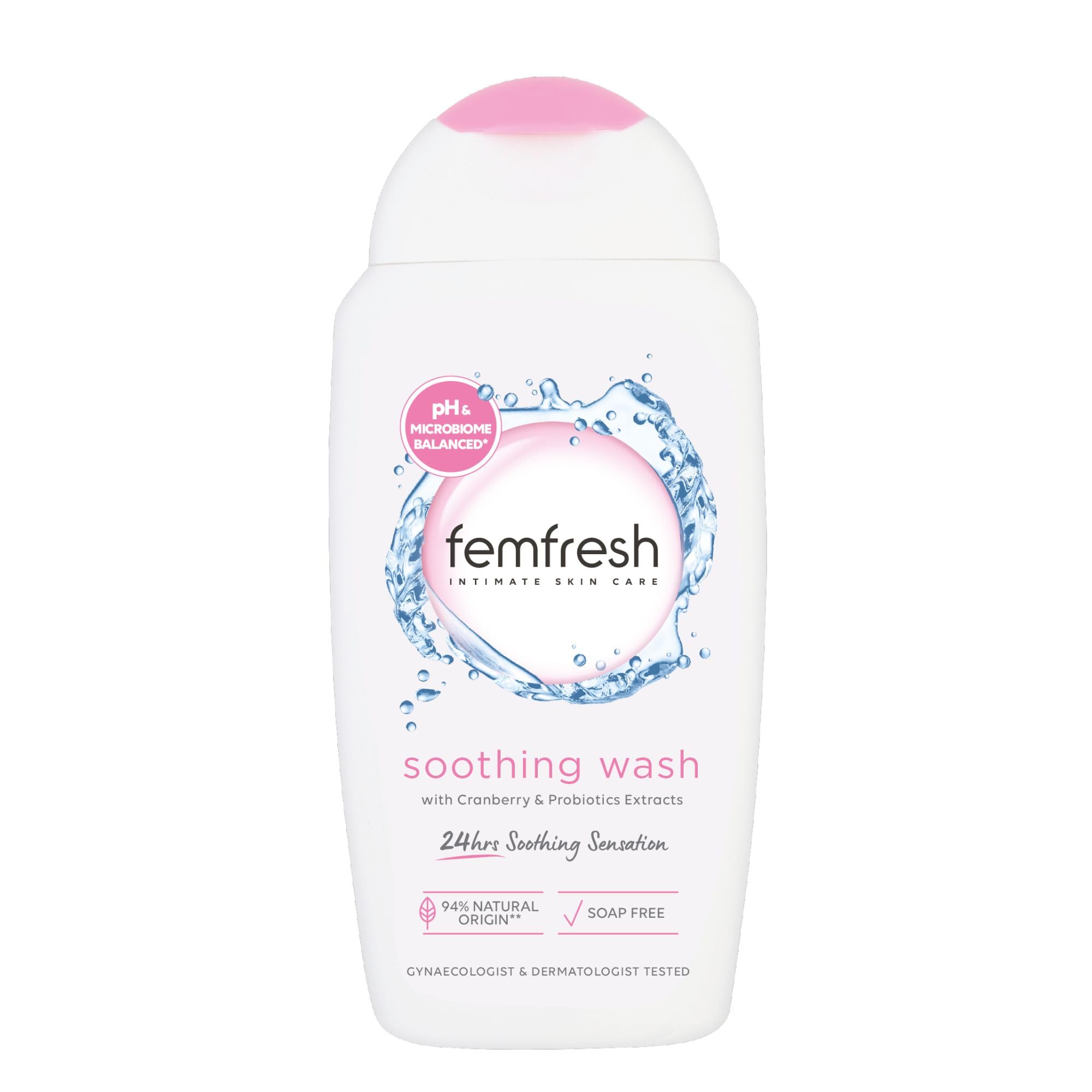 Femfresh Ultimate Care Soothing Wash - Intimate Daily Vaginal Feminine Hygiene Shower Gel Cleanser – pH Balanced, Soap Free w.Hydrating Cranberry & Probiotics Extract, Long-Lasting MULTIActif - 250 ml