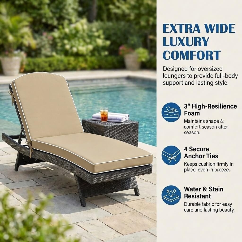 80 x 26 inch Outdoor Chaise Lounge Cushion Extra Wide High-Water Resistant 3" Resilience Foam Lounge Chair Cushion with 4 Ties for Patio Pool