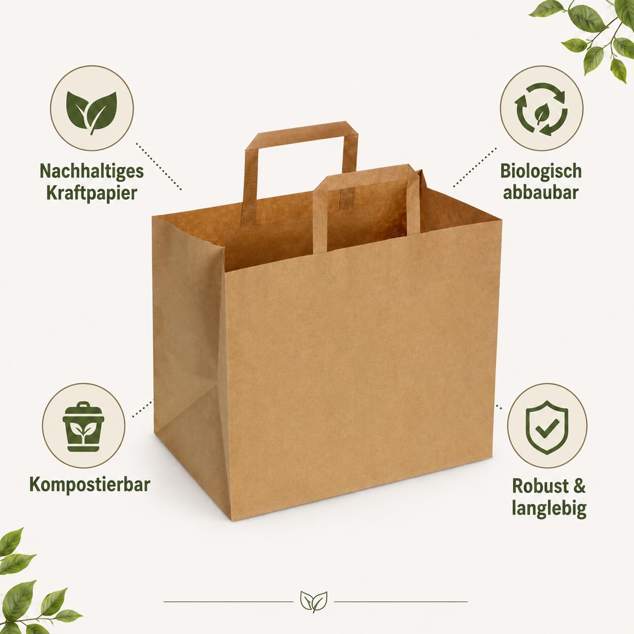 250 Papiertragetaschen 32x22x27 cm braun biologisch abbaubar