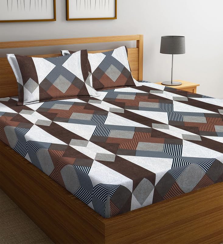 Image of la'amour Cotton Elastic Fitted Bedsheets with 2 King Size Pillow Covers Double Bed with All Around Elastic Supersoft Size - 72 King Sizex78+10 inches Color - Brown White