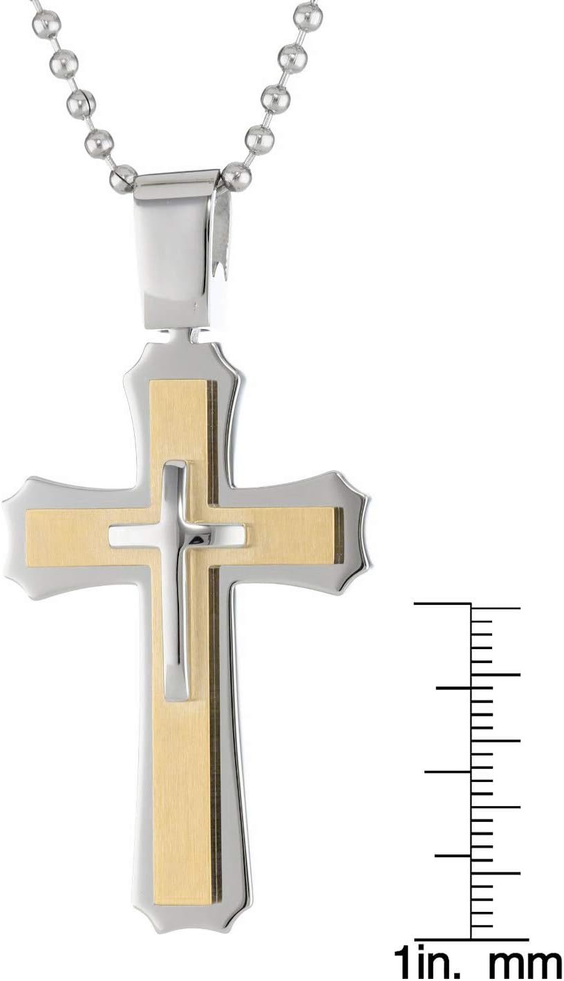Metro Jewelry Large Two Tone Triple Layer Cross Pendant Necklace for Men in Stainless Steel with Gold Ion Plating on 24 Inches Long Ball Chain - Image 3