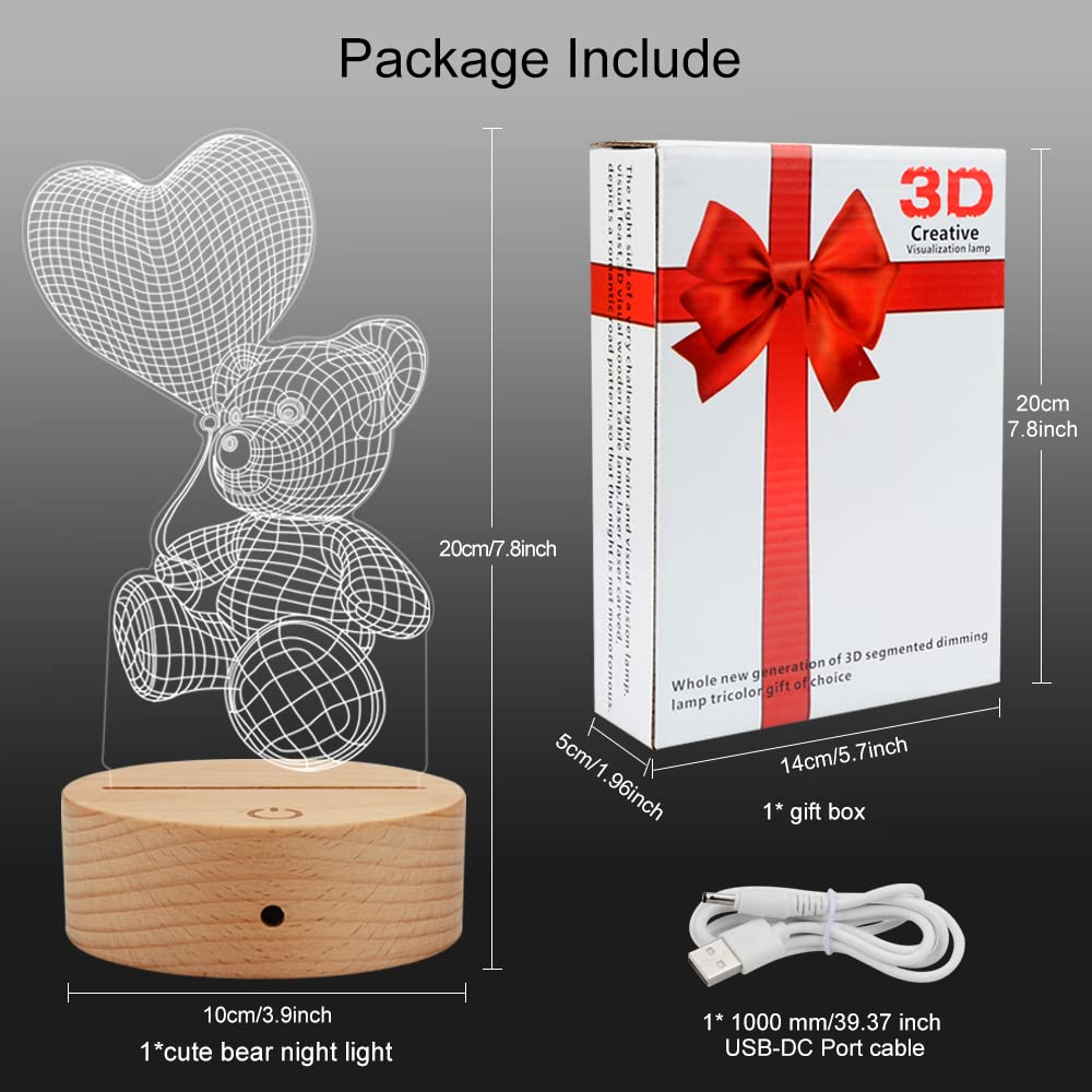 GEEKEO Lampa 3D w kształcie misia, dla kobiet, dzieci, lampka nocna, na walentynki, prezent dla kobiet, jubileusz, urodziny, zmiana kolorów, dekoracja dla mamy lub żony