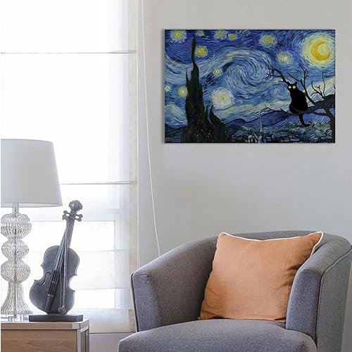 Miniatura 6 de Vkyzqoj Divertido arte de pared de gato negro para estética de habitación, pinturas al óleo famosas de la noche estrellada, impresiones en lienzo,