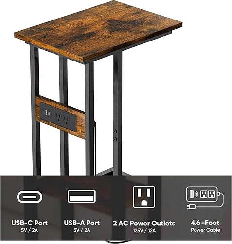 Miniatura 4 de BUDOME Mesa auxiliar en forma de C con estación de carga, mesa auxiliar con tomas, mesa de sofá con puertos USB C, mesa C con superficie premium y
