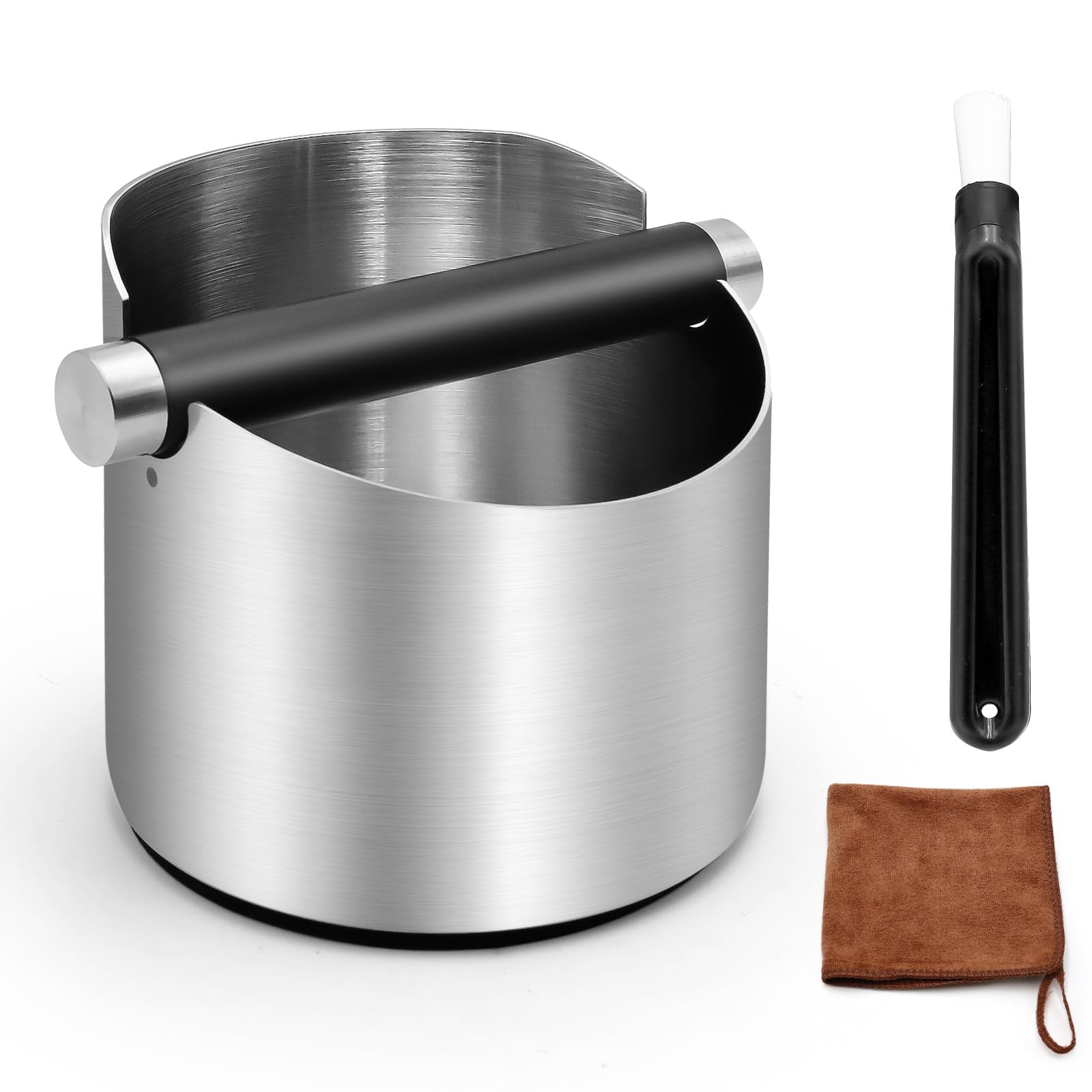 Stainless Steel Coffee Knock Box – Large Capacity Espresso Knock Box with Removable Knock Bar, Non-Slip Base, Cleaning Brush & Cloth, Coffee Machine Accessories