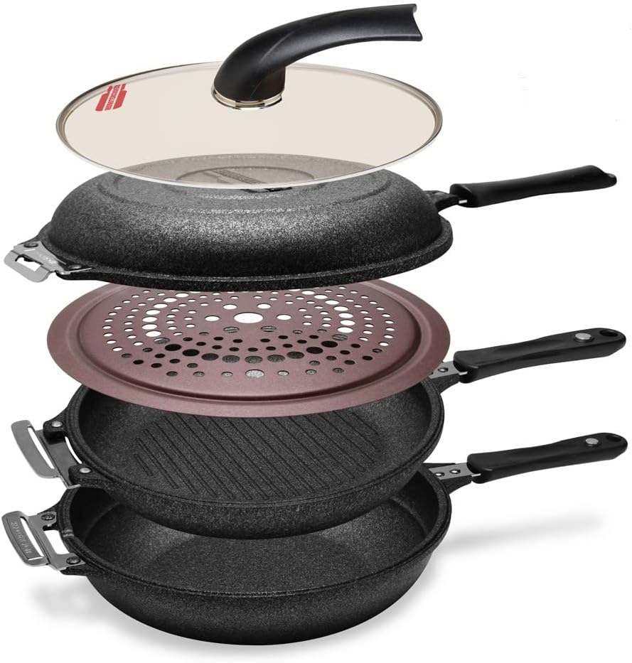 Black Monster Cooker 5-in-1 Functions, Frying pan, Grill pan, Double Sided Frying Pan, Pot, Steamer, It is Changeable and Transformed and Superior Nonstick Function Premium Cookware Set: Home & Kitchen