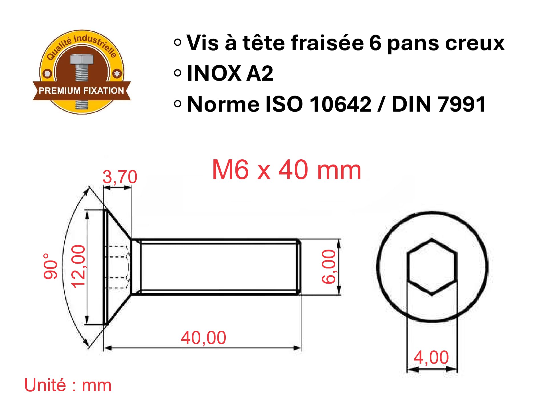 Screws Inox M6 x 40 mm Countersunk Head BTR Diameter 6 x 40 mm Screws M6 x 40 mm FHC Allen Key Stainless Steel A2-70 (V2A/304) ISO 10642 / DIN 7991: Pack of 5 ProRaje - Image 3