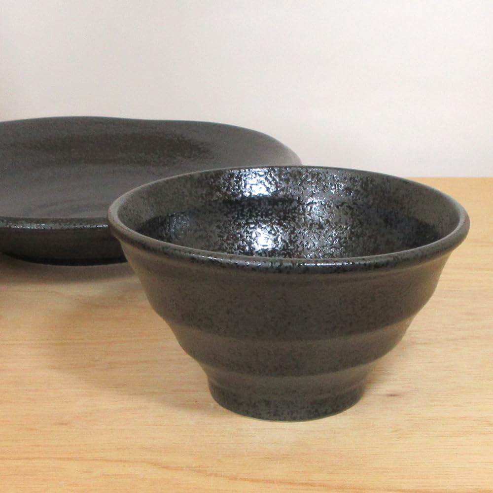Amazon.co.jp: つけ麺 器 14cm丼と24cm深皿のセット 黒ゆず渦紋