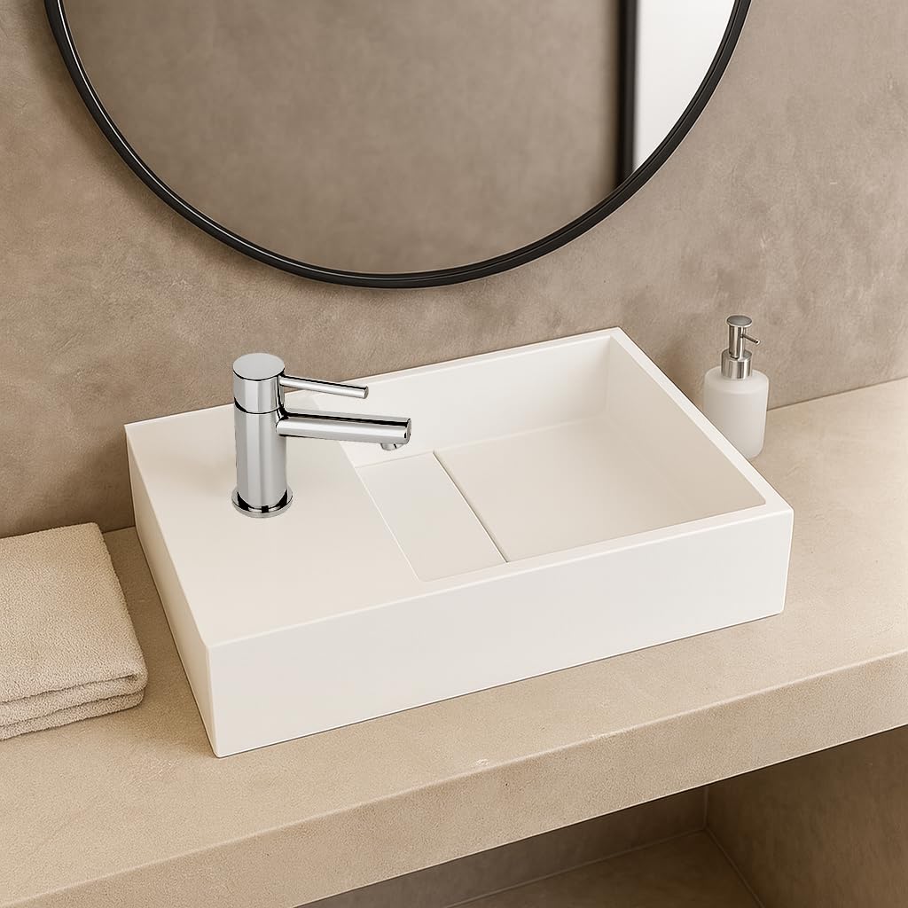 Lave-mains suspendu blanc mat MANITA G - Lavabo rectangulaire en Solid surface 35cm