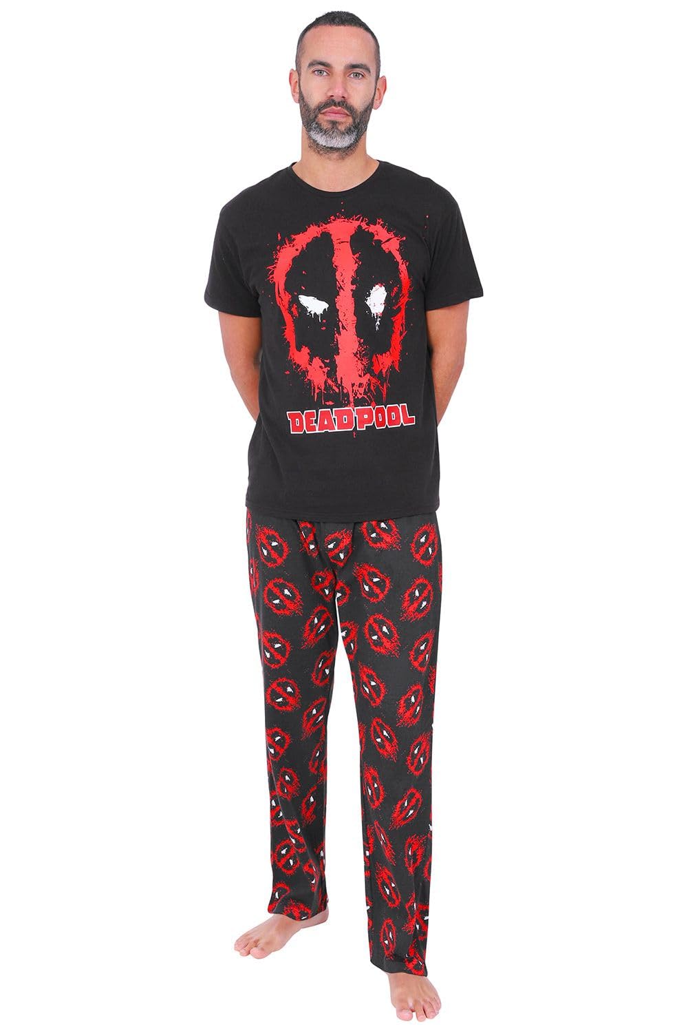 Marvel Men's Black Deadpool Long Pyjama Set Pjs Nightwear Loungewear (Small)