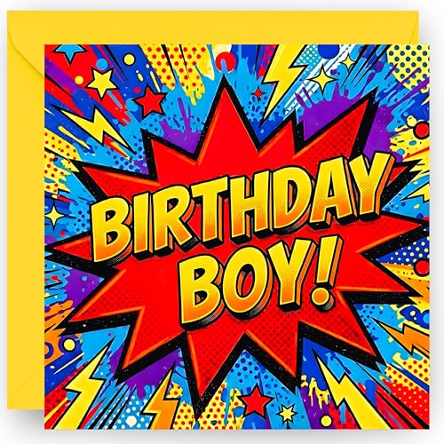 Boy Birthday Card - for Son Grandson or Nephew - Birthday Boy Comic Book Design - for Teens or Tweens - 4th 5th 6th 7th 8th 9th 10th - with vibrant Yellow Envelope - size: 14cm