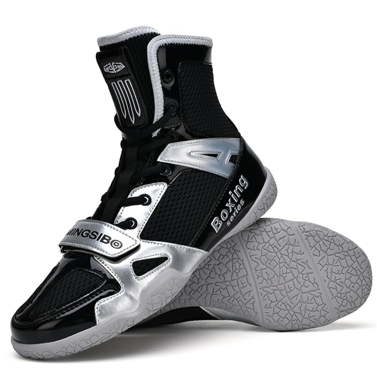 Calzado de Boxeo para Hombre, Botas de Lucha Profesional para Chicos, Zapatillas de Entrenamiento Transpirables Negro-Plata EU 32