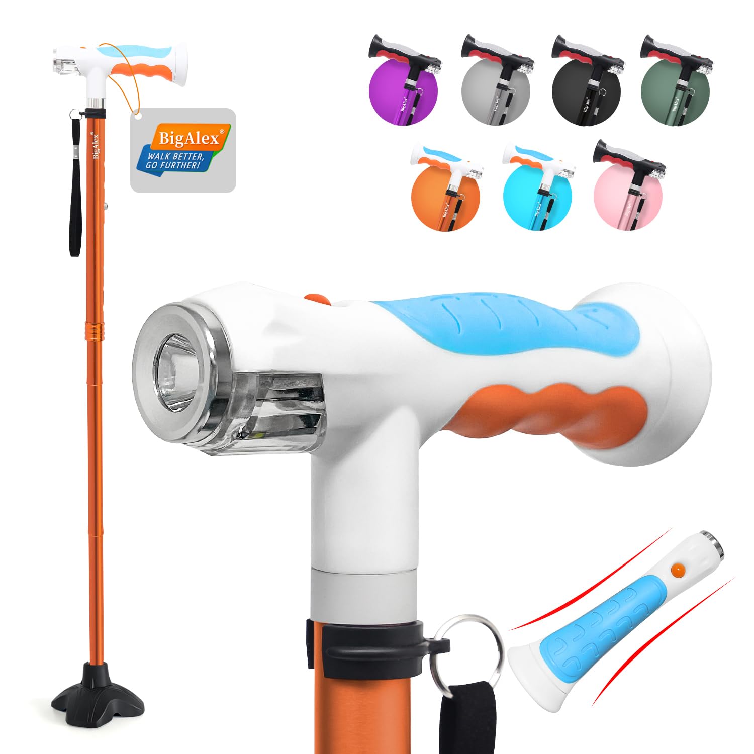 BigAlex Bastone per Anziani con Doppia Luce LED, Bastone da Passeggio Pieghevole Regolabile in Altezza, Base Antiscivolo, Supporto per Camminata Stabile, Ausilio Portatile per Anziani