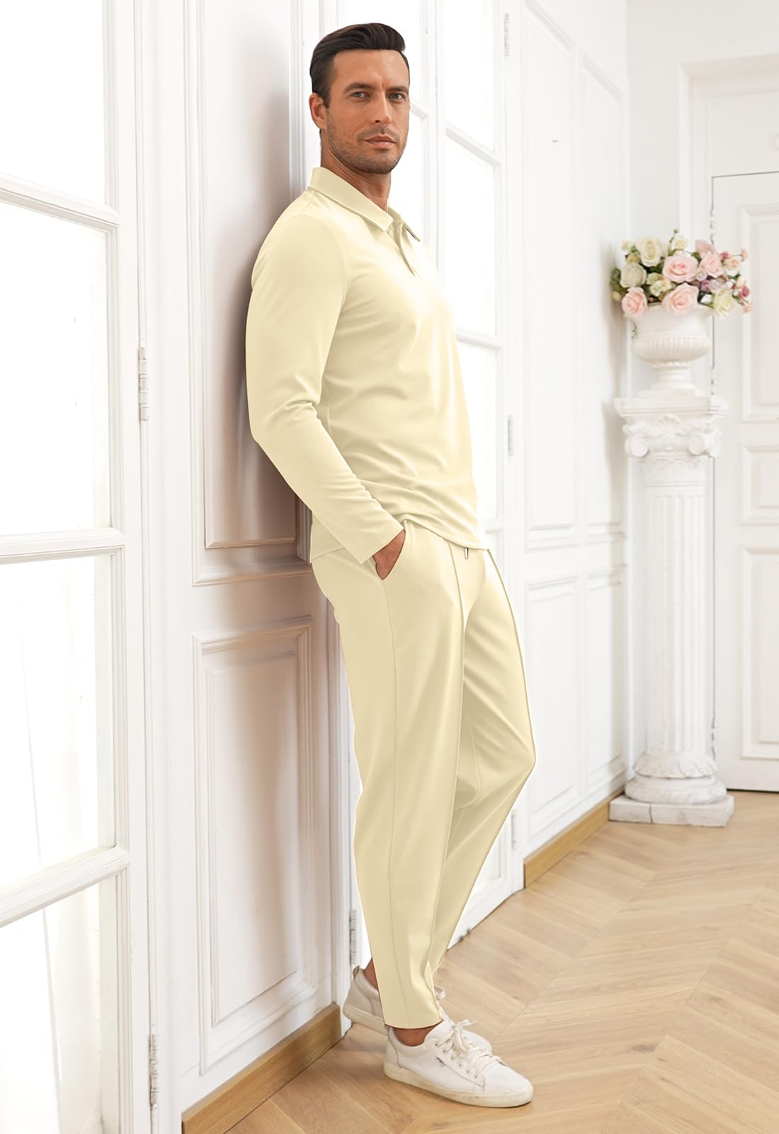 KUYIGO Conjunto deportivo de 2 piezas para hombre, conjunto de sudadera y pantalones deportivos, camiseta de punto gofre, parte inferior de estilo casual, deportivo, ropa deportiva y golf