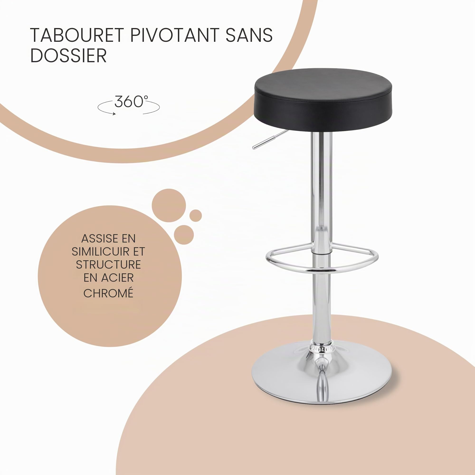 Baroni Home Tabouret de Bar Pivotant avec Hauteur Réglable, Base Chromée avec Repose-Pieds et Fond Anti-Rayures, Tabouret de Cuisine et Péninsule, Facile à Installer, 35x45x59–79 cm, Noir 1 pièce