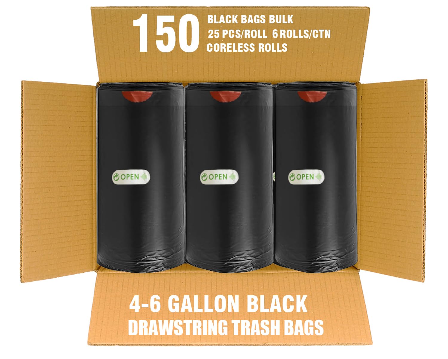 BEIDOU-PAC Bolsas de basura de 4 a 6 galones con cordón, paquete económico de 150 unidades, bolsas de basura multiusos negras y sin perfume para negocios, hogar, baño, cocina, comercial e industrial