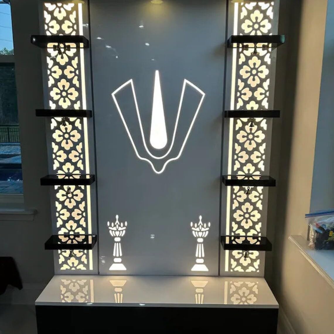 Devyom Wooden White Temple with LED Light for Home and Office|Home Temple|Puja Mandir |Wall Hanging & Table Top Home Mandir/Pooja Mandapam (60X36X18)