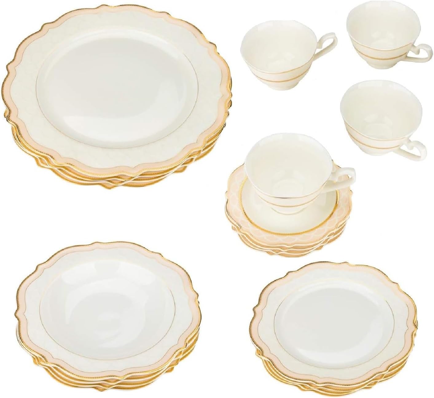 6664-20, Bone Bone China Porcelain Dinnerware Set w/Scalloped Curved Rim, Elegant Dinner Set, Dinner Plates, Soup Plates, Flat Plates, Tea Cups, Saucers, Set for 4