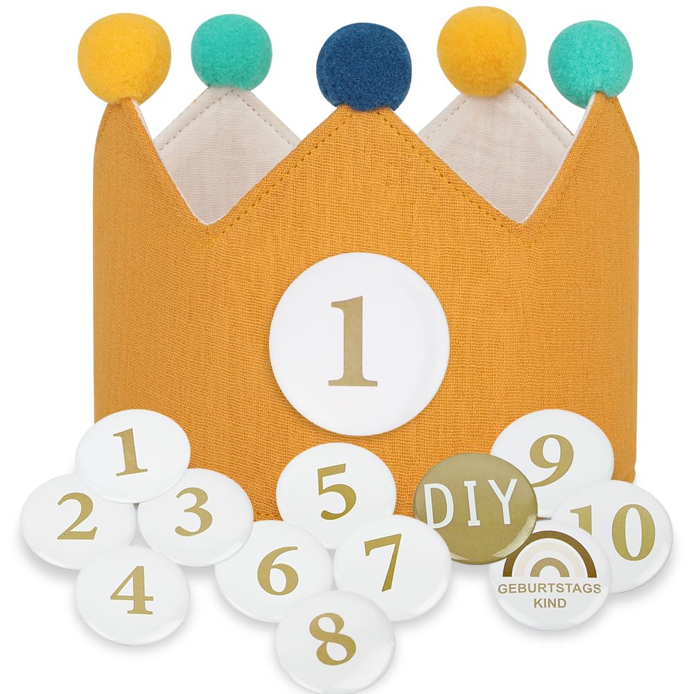 URAQT Geburtstagskrone Kinder, Geburtstagskrone Stoff, Geburtstag Kinderkrone, Krone Geburtstag für Jungs Mädchen, Klett-Buttons mit Auswechselbaren Zahlen von 1-10
