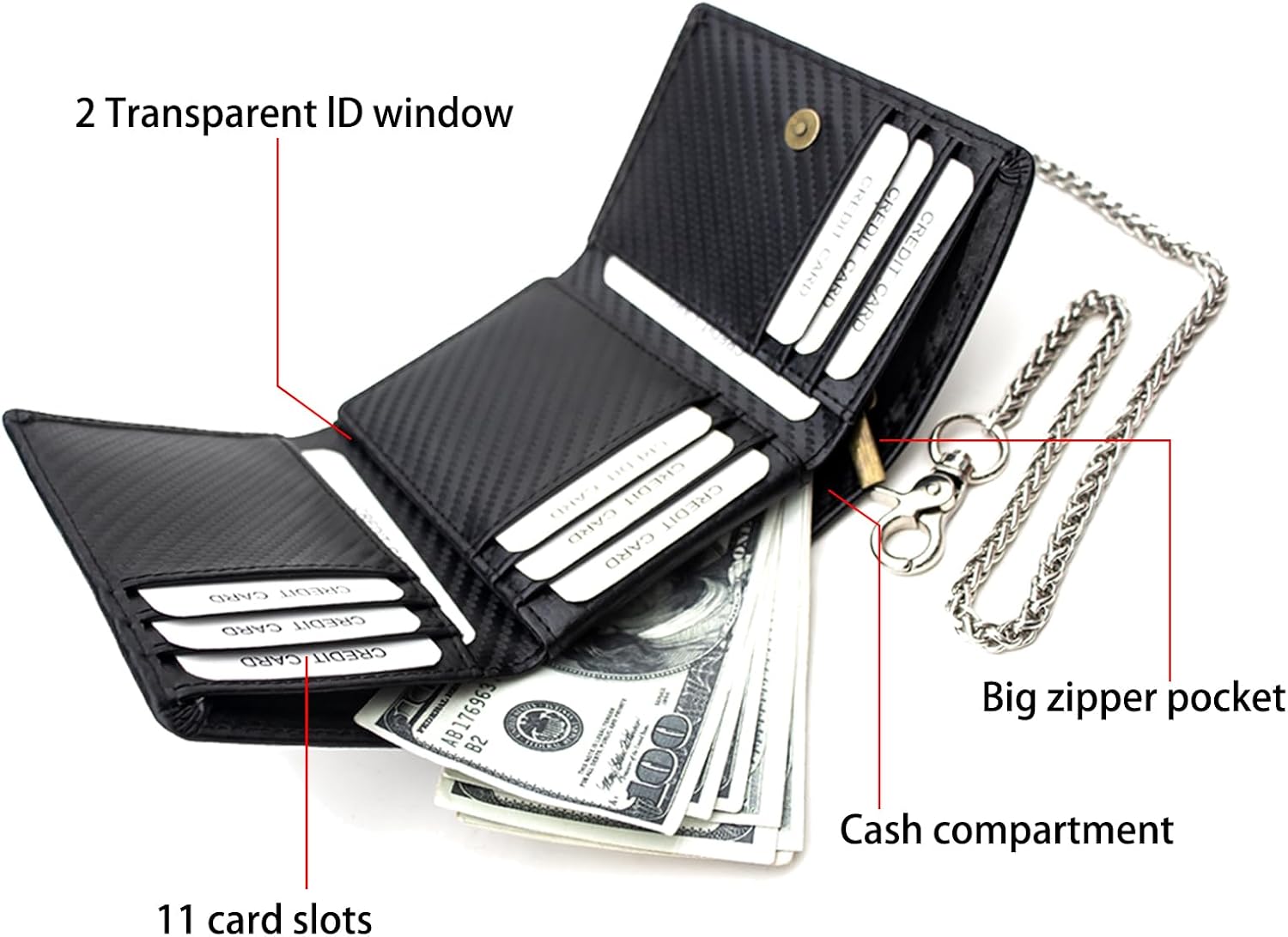 boshiho Genuine Leather Bifold Chain Wallet for Men RFID Blocking | Heavy Duty Steel Anti-Theft Chain & 2 Zipper Coin Purse. Perfect for Bikers, Daily Commute, Gift for Dad/Husband