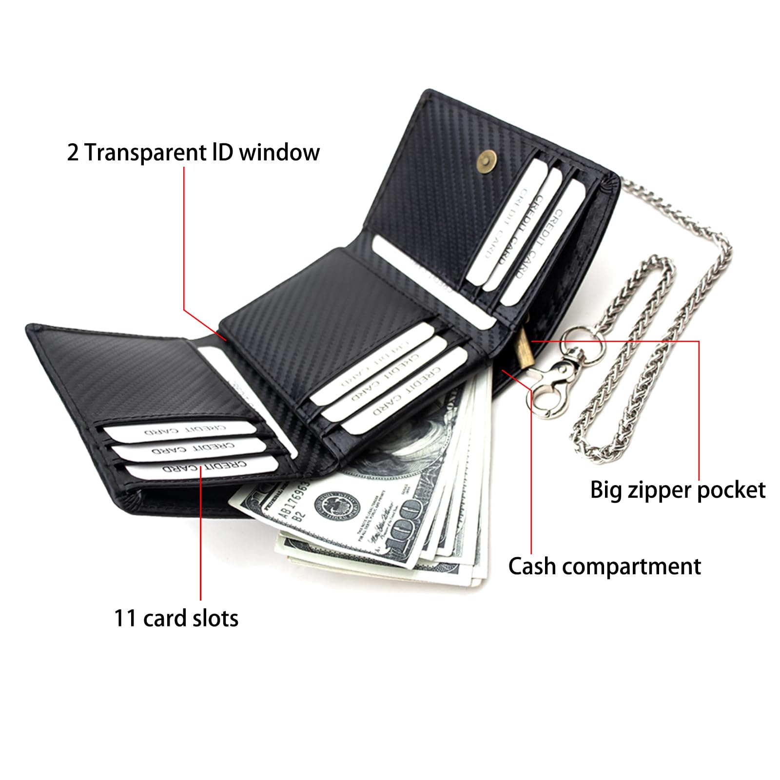 boshiho Mens Wallet with Chain, Carbon Fiber Leather Trifold Wallet, RFID Blocking, Anti-Theft Chain for Biker, Motorcycle
