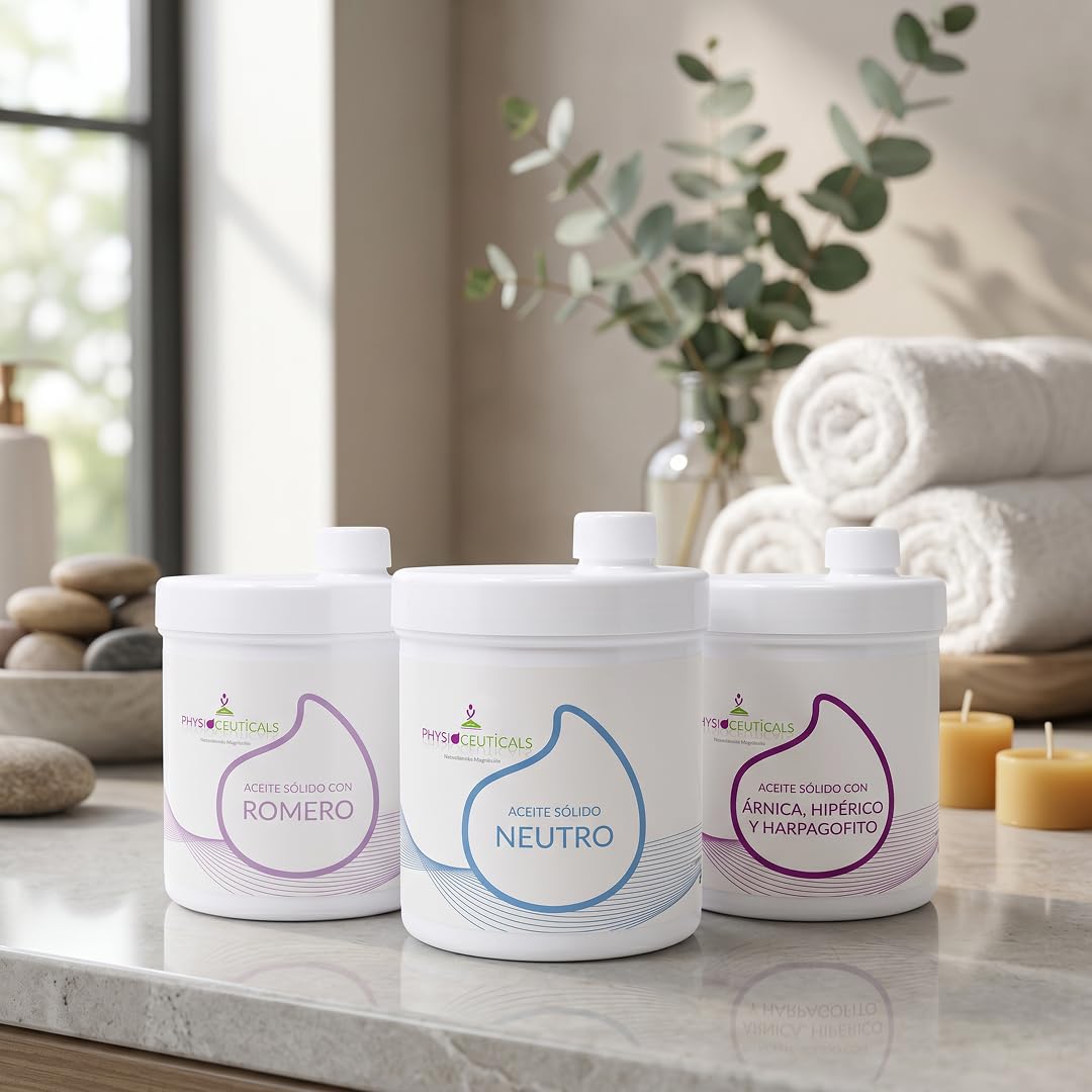 PHYSIOCEUTICALS - Pack 3 Aceites Sólidos Quiromasaje 1000ml - Romero, Árnica-Hipérico-Harpagófito y Neutro - Kit Completo para Masaje profesional