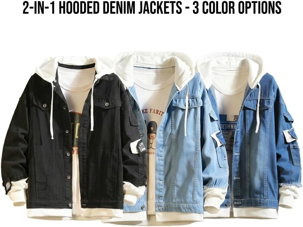 Unisex Denim Jacket with Hoodie Distressed Ripped Oversized Button Down Trucker Jean Jackets Coat