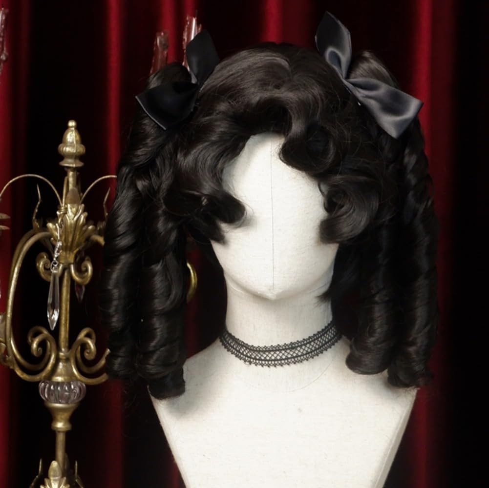 Perruques Bouclées Romaines Rétro Pour Femmes Perruque Luxueuse Noire Courte Avec Pince À Griffes 2 Queues De Cheval Coiffant Une Frange Lolita Cheveux Synthétiques Fête D'halloween
