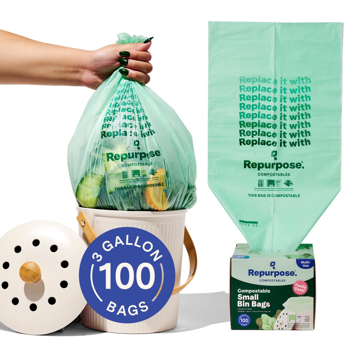 Repurpose Bolsas de basura compostables pequeñas de 3 galones, certificado BPI, 100 bolsas en total, 1 paquete