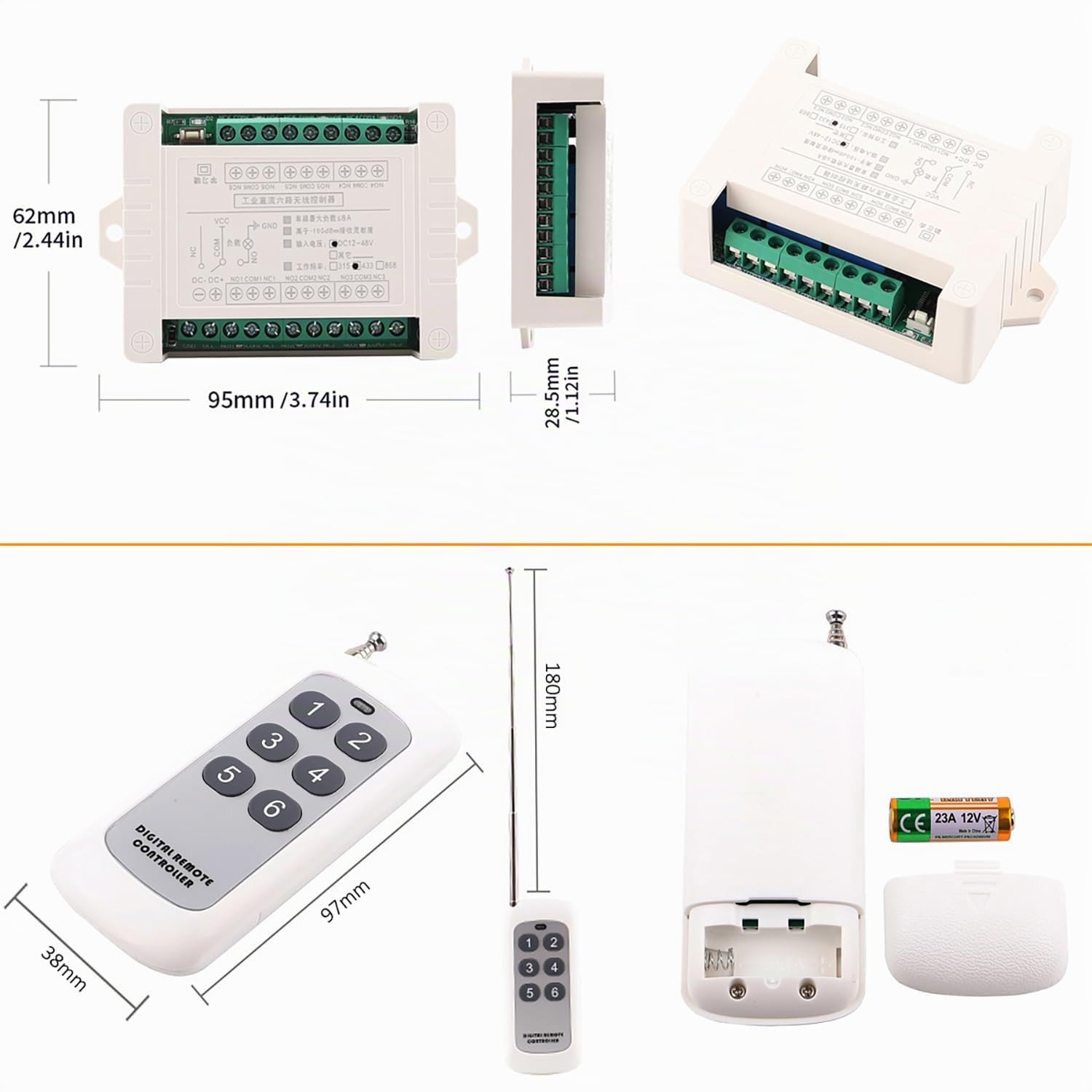433mhz Interrupteur telecommande sans fil 12v Commutateur de relais à distance 12V-48V 36V telecommande 6 canaux Contrôleur de fenêtre de porte de lumière de moteur (12V-48V/ 2* Contrôle 433MHz)