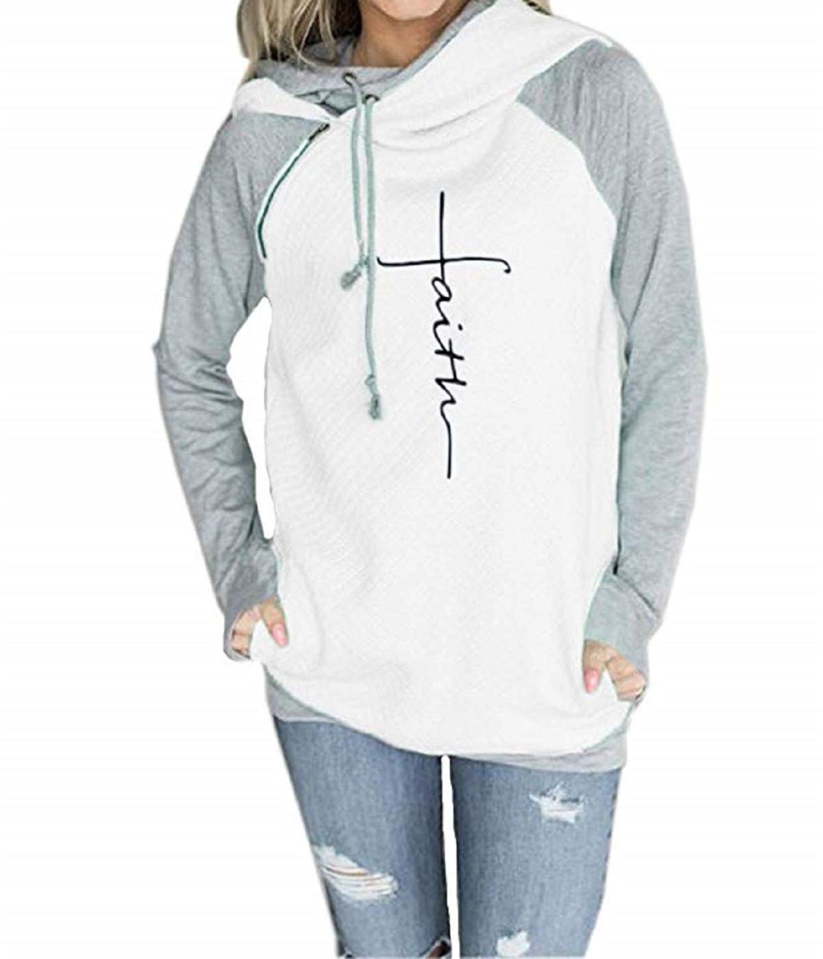 AELSON Women's Casual Patchwork Hoodies Long Sleeve Lightweight Pullover Tops Sweatshirts with Pocket XX-Large 1-white
