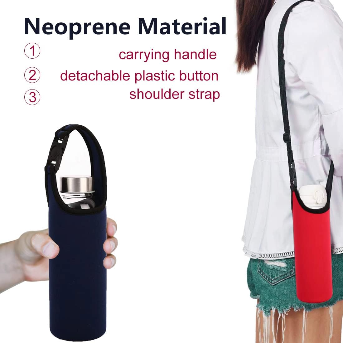 3 PCS Water Bottle Carrier with Shoulder Strap 16oz-21oz, TuNan Neoprene Sleeve Cup Holder Pouch with Carrying Handle for All Portable Sport Water Bottle -3 Colors image 2