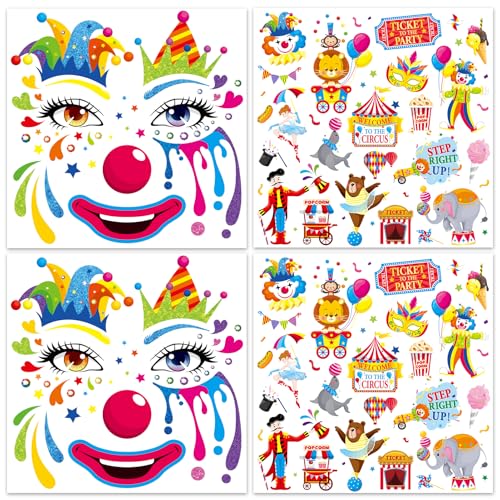 HOWAF 4 Pezzi Tatuaggi Halloween Viso, Adesivi Viso Clown Tatuaggi Temporanei per Costume Clown Colorato, Costumi Halloween